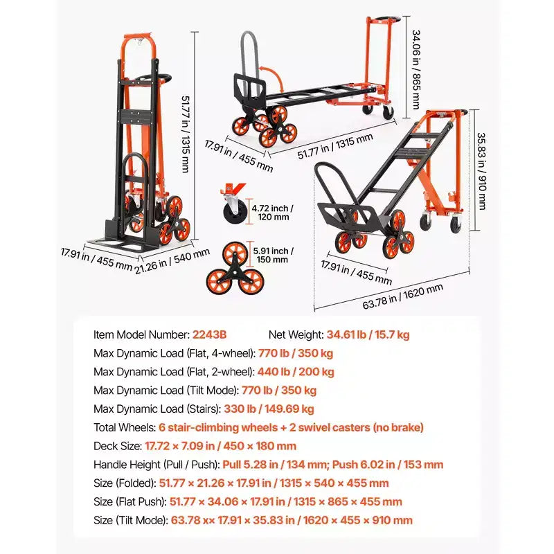 VEVOR Carrello Saliscale Convertibile Industriale 3 in 1, Capacità Massima 350 kg, Carrello Pieghevole con Maniglia e Ruote, Nero e Arancione