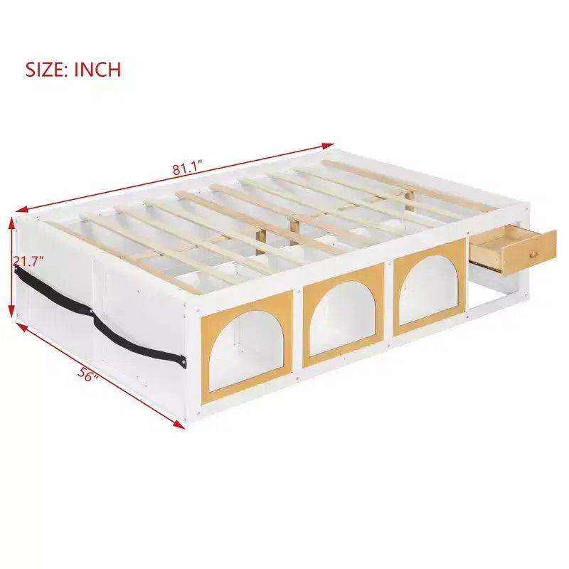 Letto a piattaforma Zeus & Ruta Wood con libreria, mobiletto, luce e cassetto