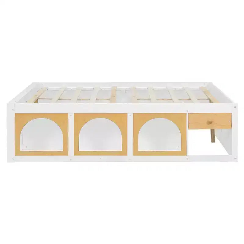 Letto a piattaforma Zeus & Ruta Wood con libreria, mobiletto, luce e cassetto