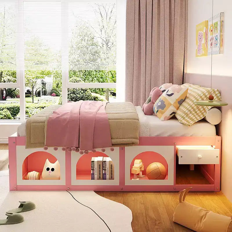 Letto a piattaforma Zeus & Ruta Wood con libreria, mobiletto, luce e cassetto