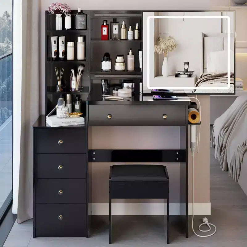 Toeletta di lusso da 94 cm con specchio scorrevole a LED, mobiletto contenitore, hub di alimentazione integrato, supporto per asciugacapelli e mobiletto laterale per camera da letto