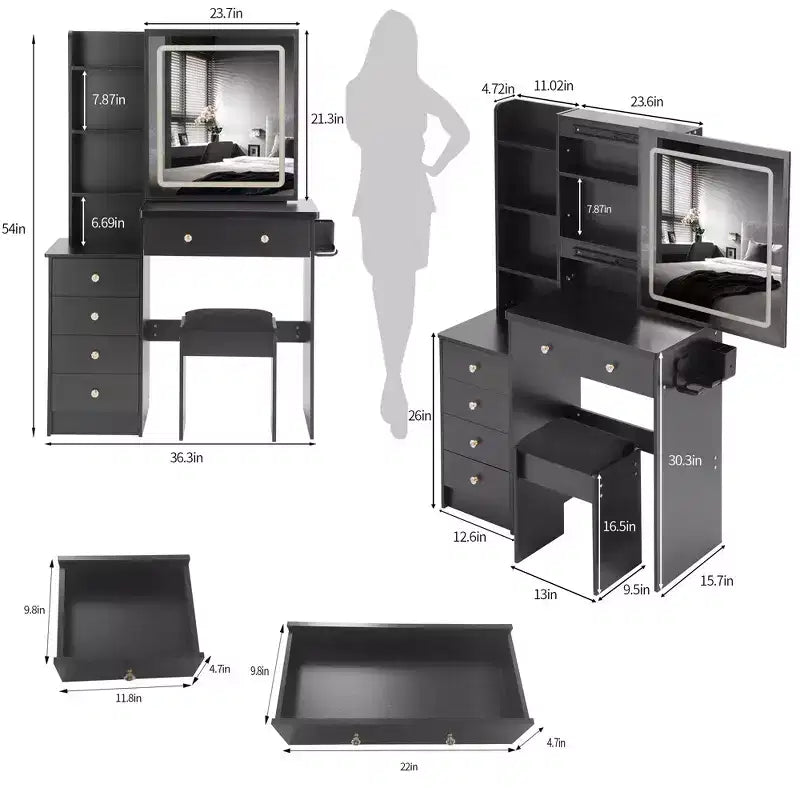 Toeletta di lusso da 94 cm con specchio scorrevole a LED, mobiletto contenitore, hub di alimentazione integrato, supporto per asciugacapelli e mobiletto laterale per camera da letto