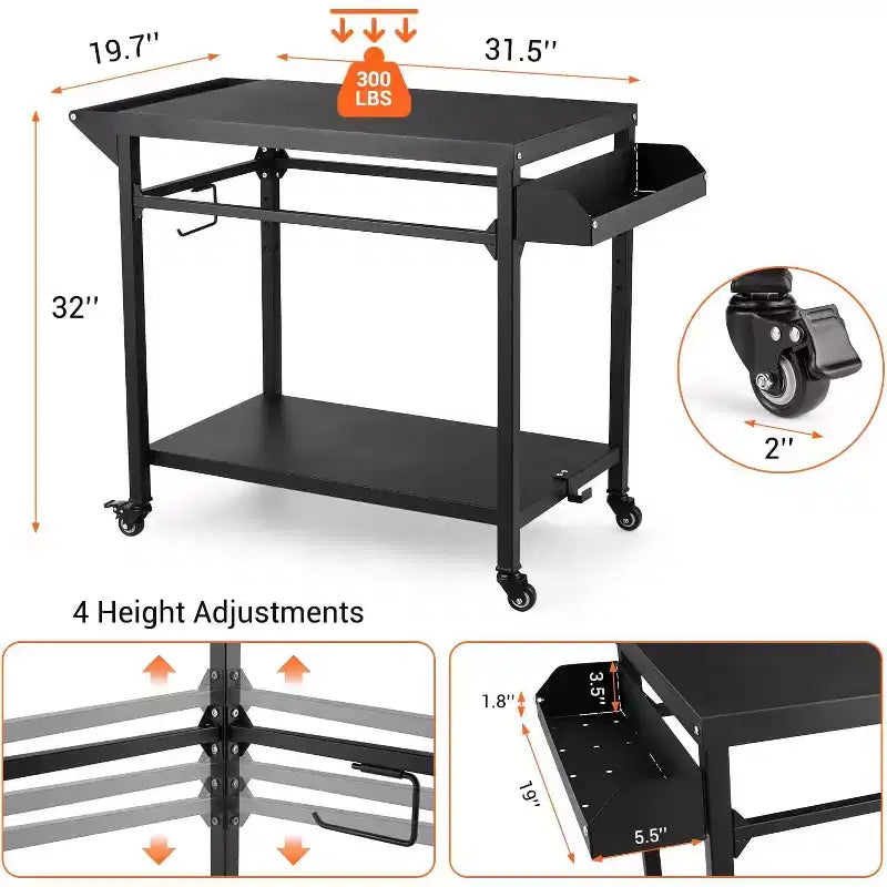 Carrello per Griglia da Esterno con Ruote, Tavolo di Preparazione in Acciaio Resistente, Ripiani, Ganci e Supporto per Bombola del Gas, per Forno Pizza e Barbecue, Ideale per Campeggio e Giardino