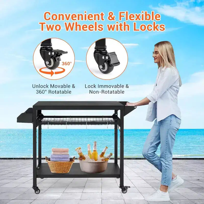 Carrello per Griglia da Esterno con Ruote, Tavolo di Preparazione in Acciaio Resistente, Ripiani, Ganci e Supporto per Bombola del Gas, per Forno Pizza e Barbecue, Ideale per Campeggio e Giardino
