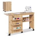 Folding Sewing Table, Multipurpose Craft Station & Side Desk with Compact Design, Wooden Rolling Craft Table with Lockable Wheels & Storage Trays
