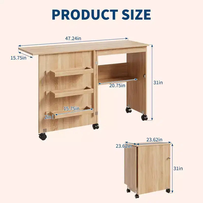 Tavolo da cucito pieghevole, postazione per lavori artigianali multiuso e scrivania laterale dal design compatto, tavolo da lavoro artigianale in legno con ruote bloccabili e vassoi portaoggetti
