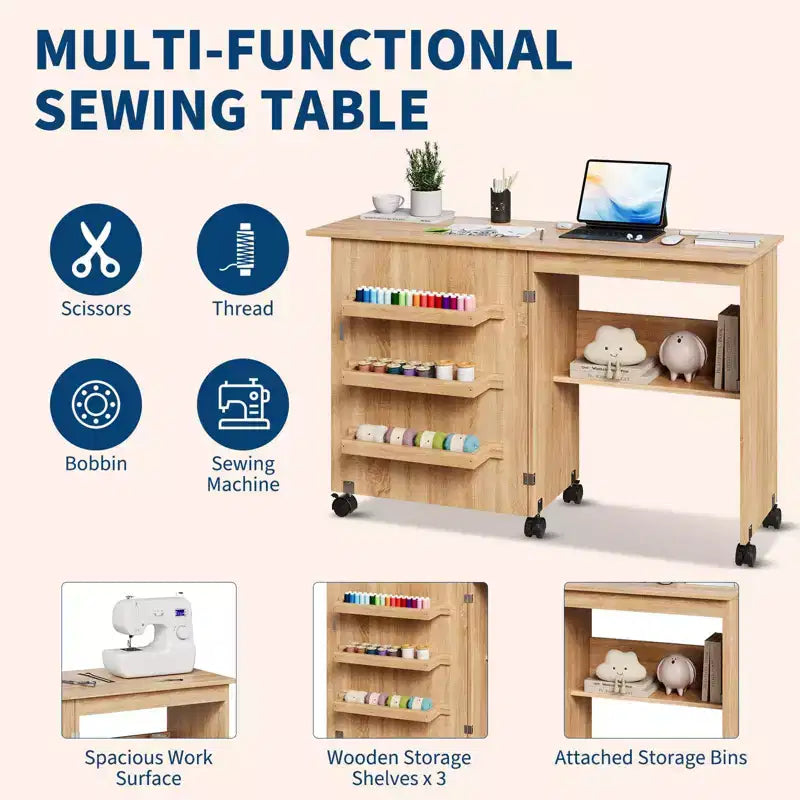 Tavolo da cucito pieghevole, postazione per lavori artigianali multiuso e scrivania laterale dal design compatto, tavolo da lavoro artigianale in legno con ruote bloccabili e vassoi portaoggetti