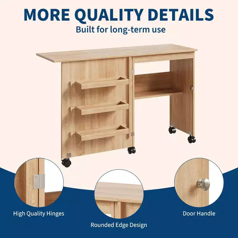 Tavolo da cucito pieghevole, postazione per lavori artigianali multiuso e scrivania laterale dal design compatto, tavolo da lavoro artigianale in legno con ruote bloccabili e vassoi portaoggetti