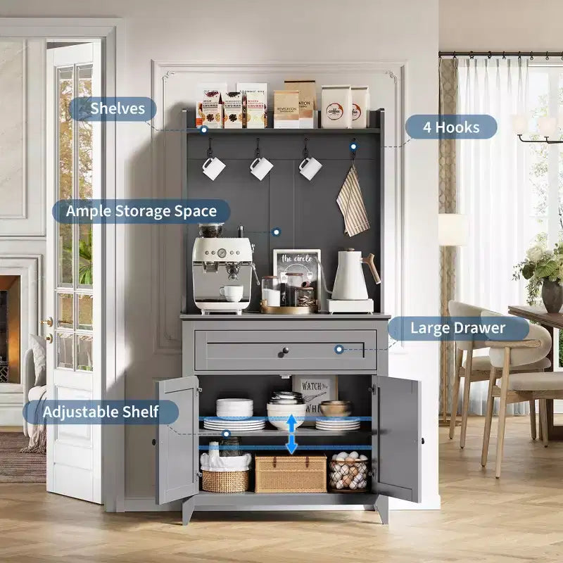 Mobile credenza da cucina da 63" con stazione di ricarica, angolo caffè con 1 grande cassetto, ripiani regolabili e 4 ganci