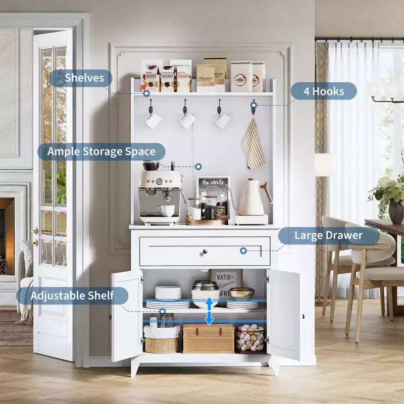 Mobile credenza da cucina da 63" con stazione di ricarica, angolo caffè con 1 grande cassetto, ripiani regolabili e 4 ganci
