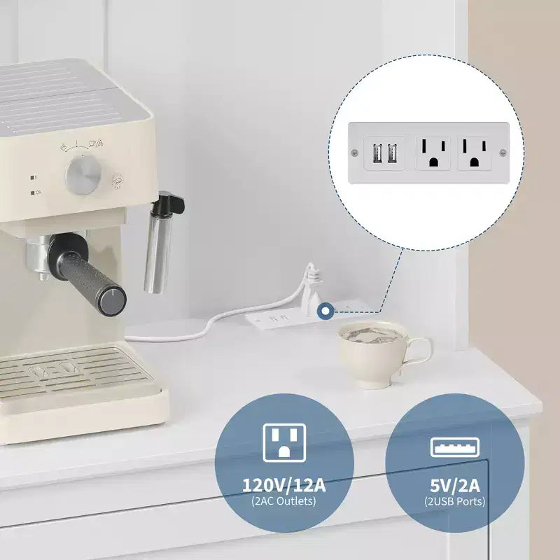 Mobile credenza da cucina da 63" con stazione di ricarica, angolo caffè con 1 grande cassetto, ripiani regolabili e 4 ganci