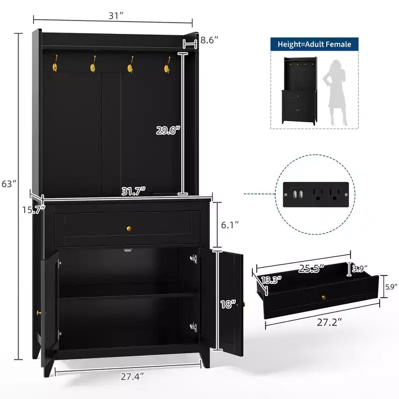 Mobile credenza da cucina da 63" con stazione di ricarica, angolo caffè con 1 grande cassetto, ripiani regolabili e 4 ganci
