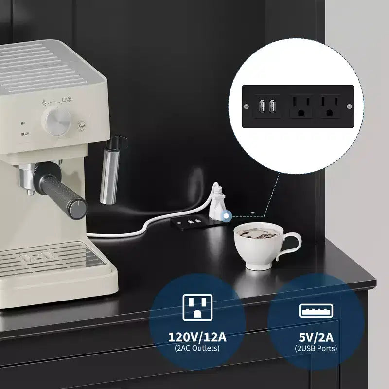 Mobile credenza da cucina da 63" con stazione di ricarica, angolo caffè con 1 grande cassetto, ripiani regolabili e 4 ganci