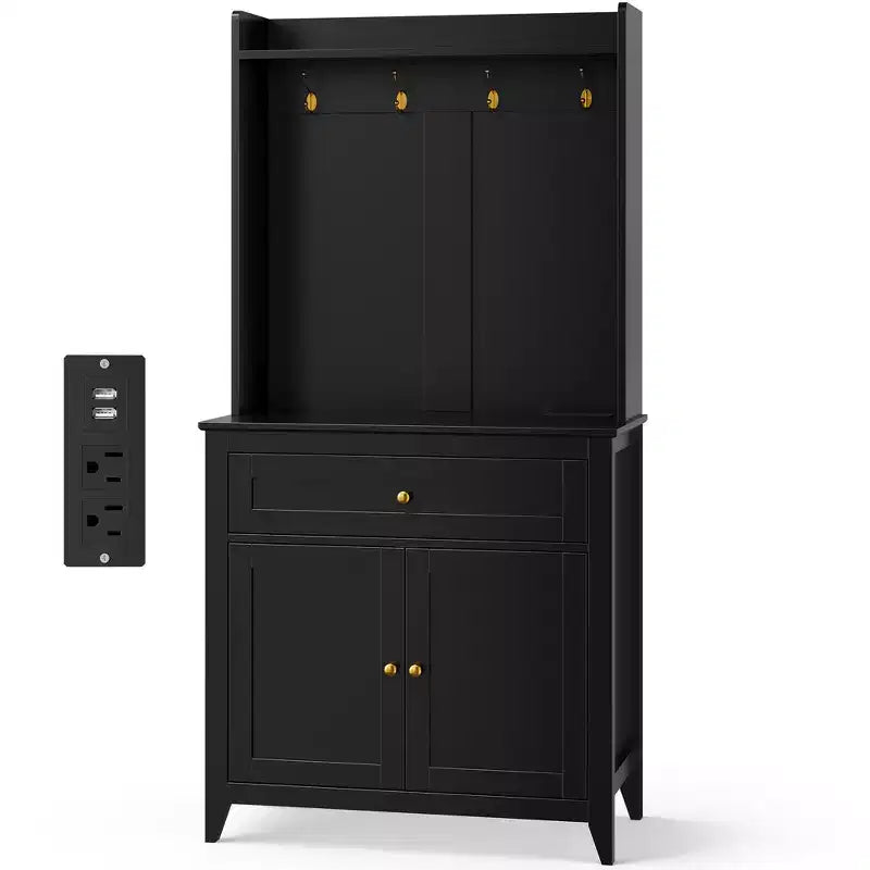 63 Kitchen Pantry Cabinet with Charging Station, Coffee Bar Station with 1 Large Drawer, Adjustable Shelves and 4 Hooks