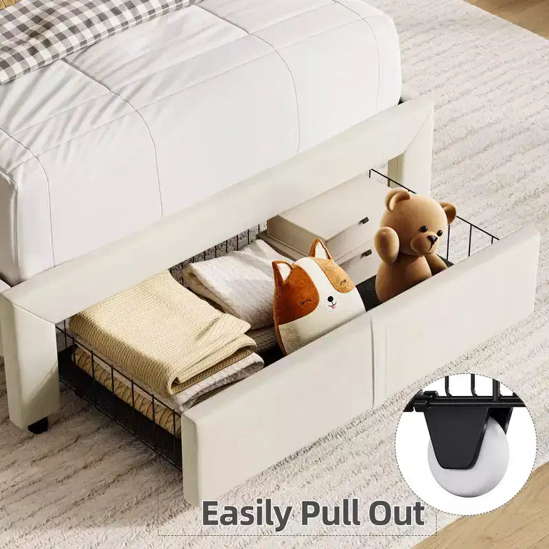 Set da 2 telai letto singolo imbottiti in velluto con cassetto e testiera contenitore, nessuna rete a molle richiesta, beige silenzioso
