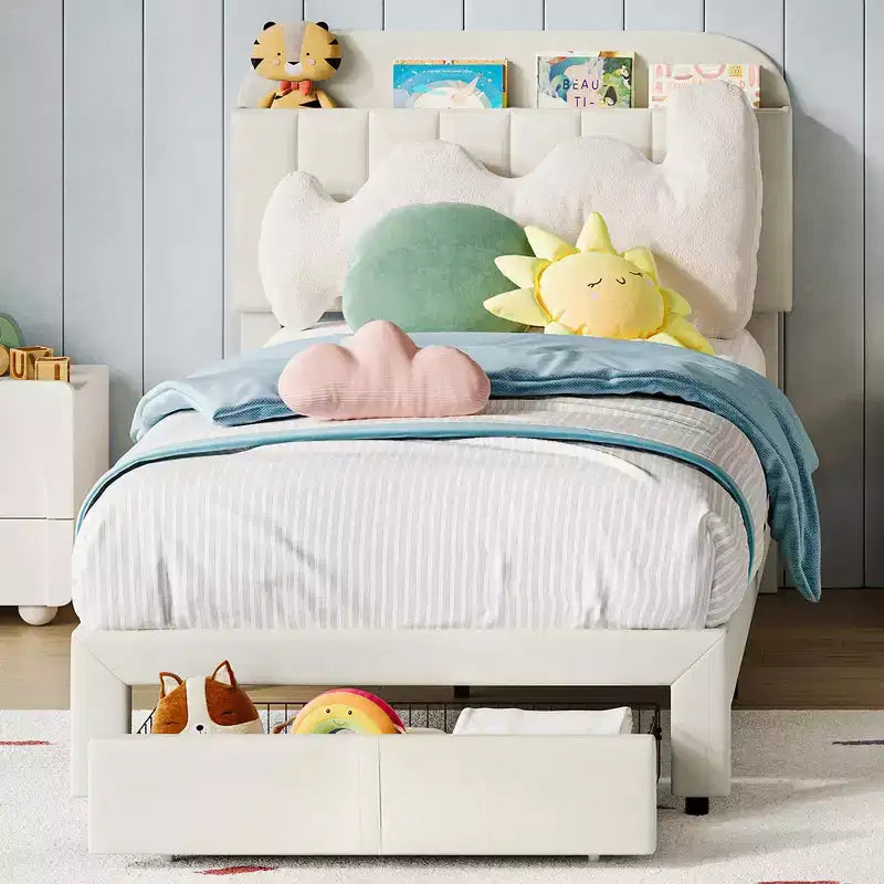 Set da 2 telai letto singolo imbottiti in velluto con cassetto e testiera contenitore, nessuna rete a molle richiesta, beige silenzioso