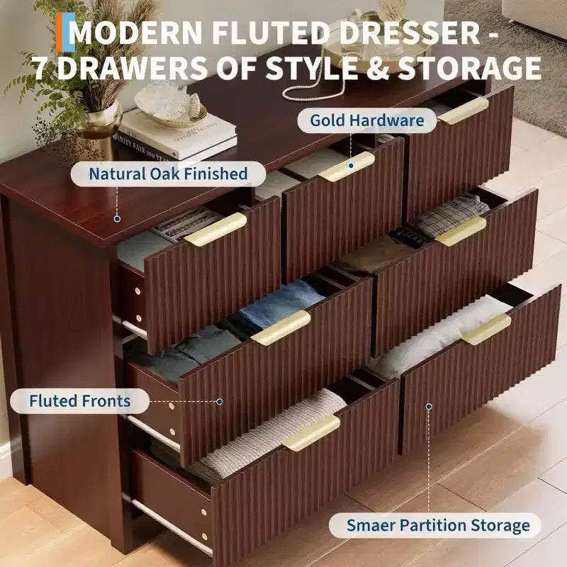 Cassettiera larga 47,24 pollici con 7 cassetti, cassettiera moderna con maniglie in metallo, organizer in legno per camera da letto, soggiorno, corridoio