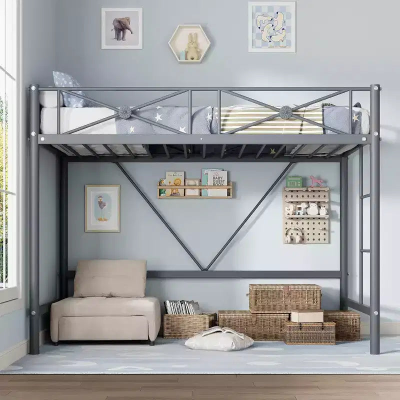 Struttura Letto a Soppalco Singolo, in Metallo Resistente con Capacità 180 kg, Design Salvaspazio e Silenzioso per Bambini, Ragazzi, Adulti