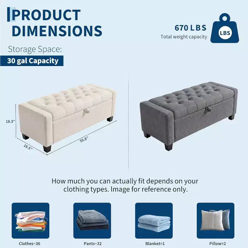 Panca contenitore pouf 50.8 pollici con cerniera di sicurezza a chiusura lenta, panca imbottita capitonné per camera da letto, ingresso, soggiorno, capacità di carico 300 kg