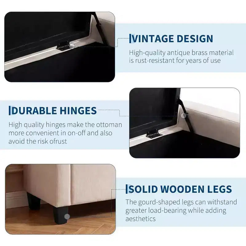 Panca contenitore pouf 50.8 pollici con cerniera di sicurezza a chiusura lenta, panca imbottita capitonné per camera da letto, ingresso, soggiorno, capacità di carico 300 kg