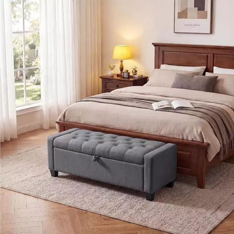 Panca contenitore pouf 50.8 pollici con cerniera di sicurezza a chiusura lenta, panca imbottita capitonné per camera da letto, ingresso, soggiorno, capacità di carico 300 kg
