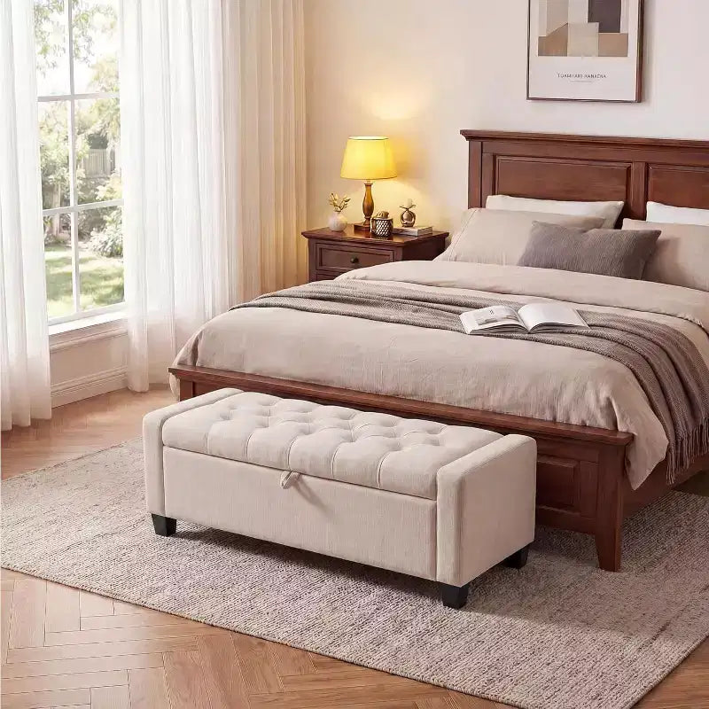 Panca contenitore pouf 50.8 pollici con cerniera di sicurezza a chiusura lenta, panca imbottita capitonné per camera da letto, ingresso, soggiorno, capacità di carico 300 kg