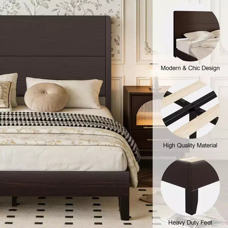 Dyonery Letto Matrimoniale/King in Legno Massello, Piattaforma Letto Rustica con Testiera da 127 cm, Supporto a Doghe in Legno/Senza Rumore/Nessuna Molla Necessaria/Marrone Scuro