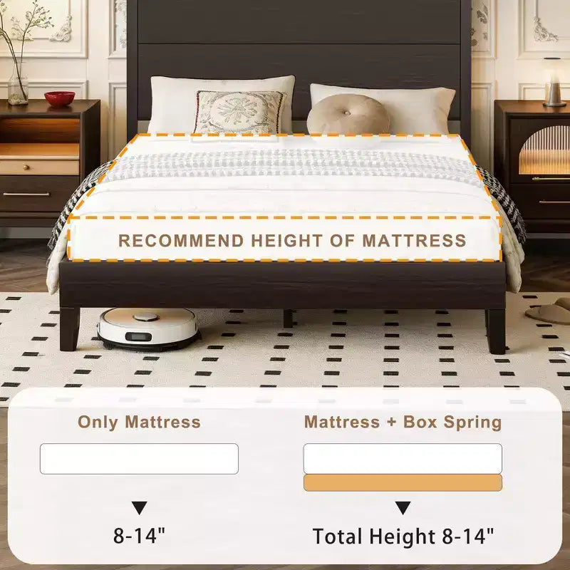 Dyonery Letto Matrimoniale/King in Legno Massello, Piattaforma Letto Rustica con Testiera da 127 cm, Supporto a Doghe in Legno/Senza Rumore/Nessuna Molla Necessaria/Marrone Scuro