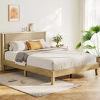 Dyonery Letto Queen Size con Testiera in Rattan Intrecciato da 18,9 Pollici, Supporto a Doghe in Legno Massello, Base Materasso Silenziosa, Nessuna Molla Necessaria