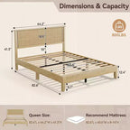 Dyonery Letto Queen Size con Testiera in Rattan Intrecciato da 18,9 Pollici, Supporto a Doghe in Legno Massello, Base Materasso Silenziosa, Nessuna Molla Necessaria