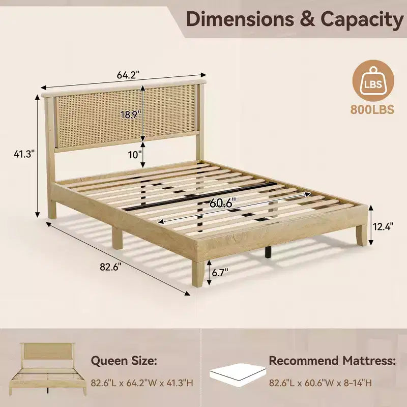 Dyonery Letto Queen Size con Testiera in Rattan Intrecciato da 18,9 Pollici, Supporto a Doghe in Legno Massello, Base Materasso Silenziosa, Nessuna Molla Necessaria
