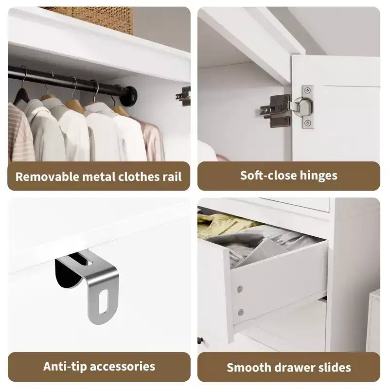 Armadio Armadio Alto Bianco 176,5 cm con Cassetti e Ante a Persiana, Armadio Guardaroba Grande in Legno con Asta Appendini per Camera da Letto