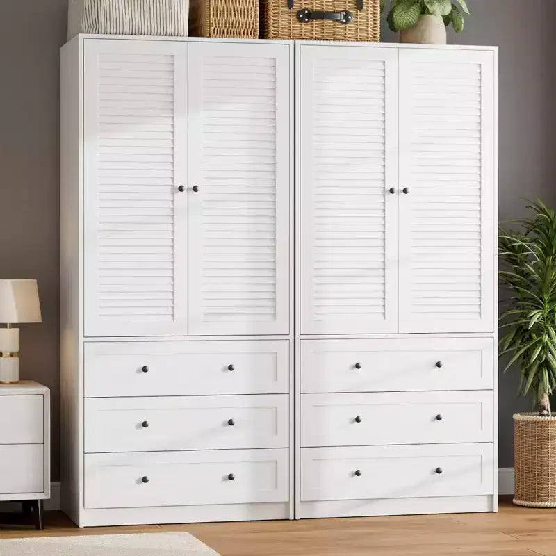 Armadio Armadio Alto Bianco 176,5 cm con Cassetti e Ante a Persiana, Armadio Guardaroba Grande in Legno con Asta Appendini per Camera da Letto