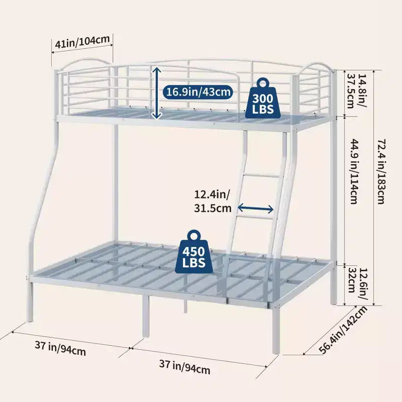 Letto a castello Twin Over Full, in metallo con scaletta e ringhiera, resistente, bordi arrotondati e lisci, design salvaspazio, ideale per dormitori e camere piccole