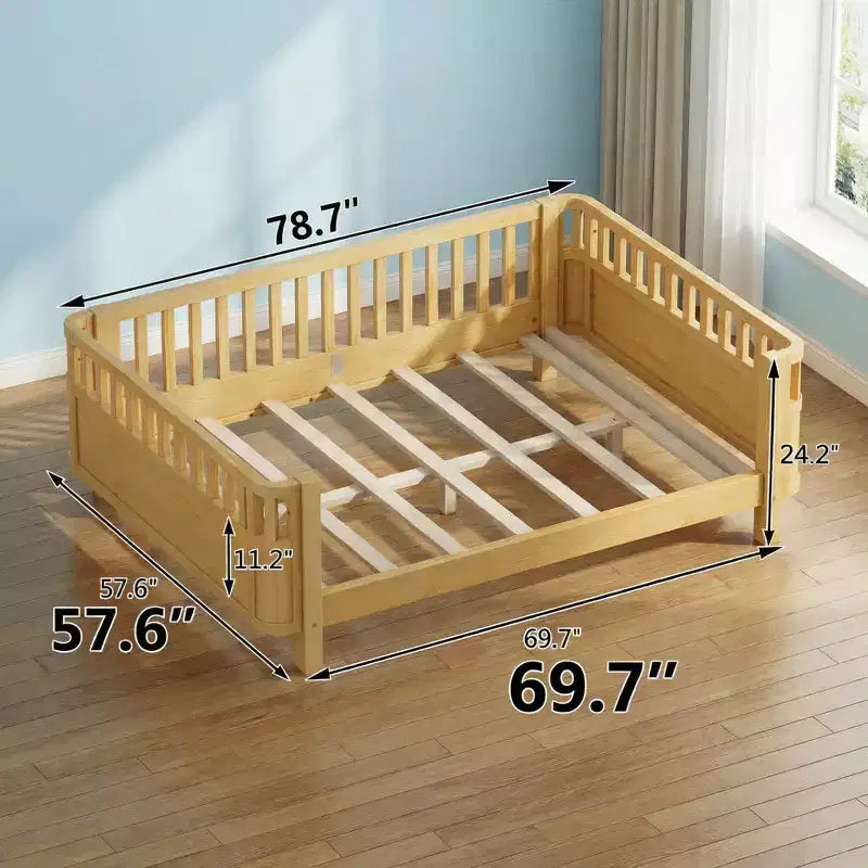 JVNOXK Letto a piattaforma in legno a grandezza naturale per bambini, letto basso in legno a grandezza naturale con spondine per bambine e bambini, naturale