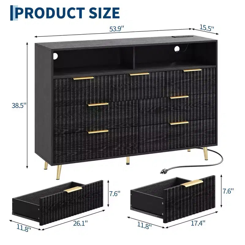 Comò a 7 cassetti scanalato, largo 137 cm, cassettiera moderna con luci a LED e stazione di ricarica, maniglie dorate, contenitore a giorno