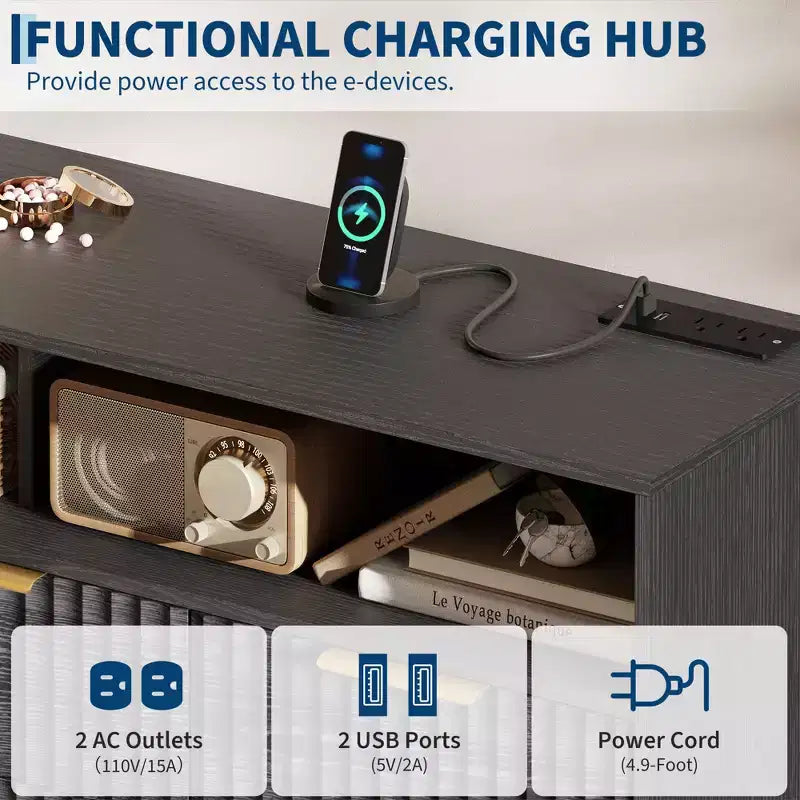 Comò a 7 cassetti scanalato, largo 137 cm, cassettiera moderna con luci a LED e stazione di ricarica, maniglie dorate, contenitore a giorno