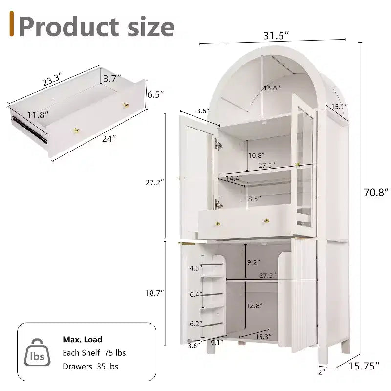 Dispensa da cucina alta ad arco e scanalata Zeus & Ruta 71 con anta in vetro, ripiani regolabili, cassetto nascosto