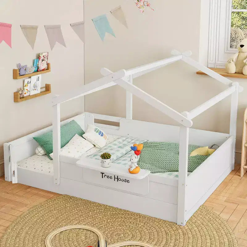 JVNOXK Letto a pavimento full size con ringhiere e tetto, letto a pavimento per bambini con un piccolo vassoio incorporato e cartello installabile liberamente, bianco