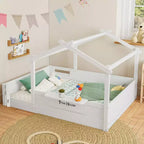 JVNOXK Letto a pavimento full size con ringhiere e tetto, letto a pavimento per bambini con un piccolo vassoio incorporato e cartello installabile liberamente, bianco