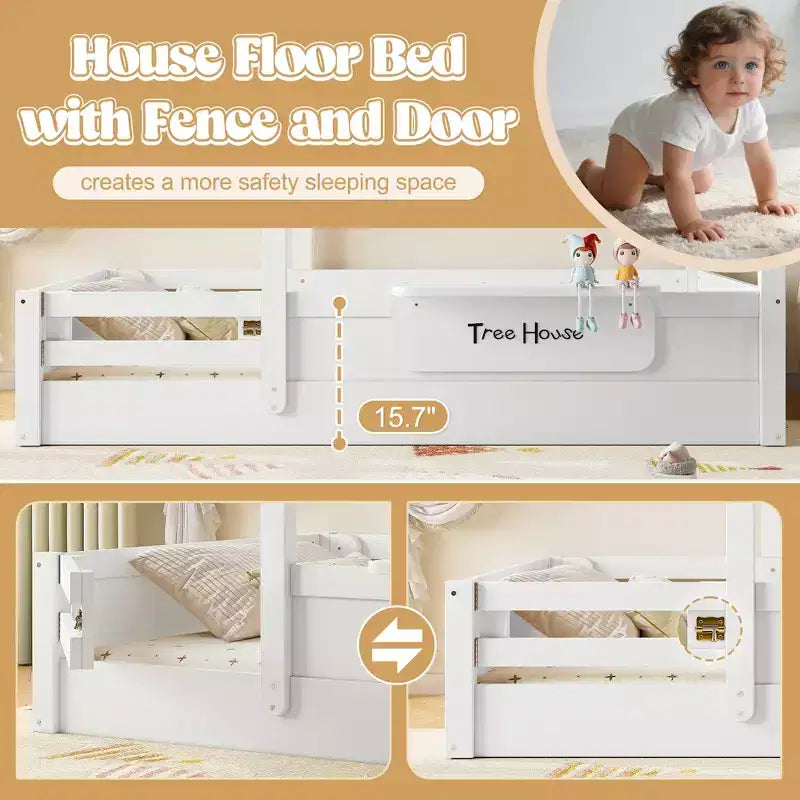 JVNOXK Letto a pavimento full size con ringhiere e tetto, letto a pavimento per bambini con un piccolo vassoio incorporato e cartello installabile liberamente, bianco