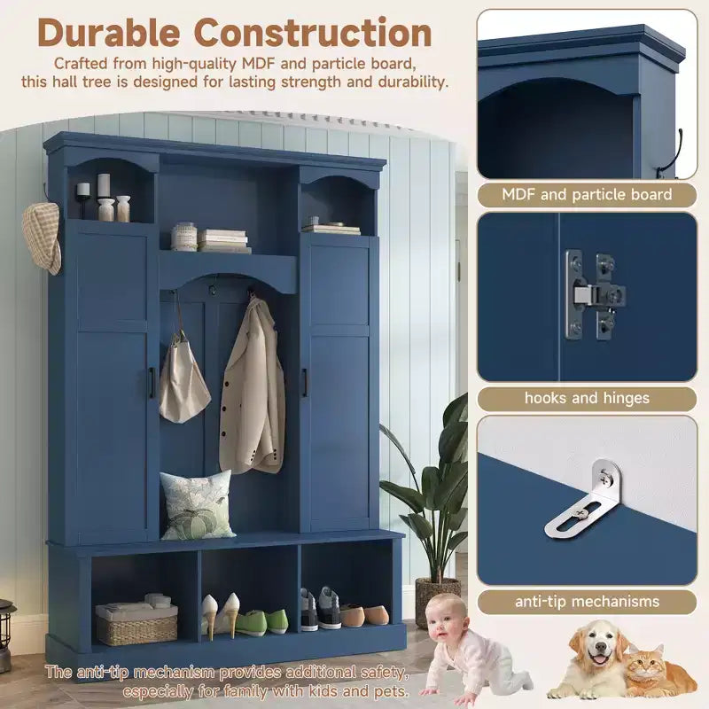 Appendiabiti Moderno Tutto in Uno con Ripiani Regolabili, Panca Contenitore Rustica con 7 Ganci e Mobiletti Laterali, Organizer da Ingresso - ModernLuxe