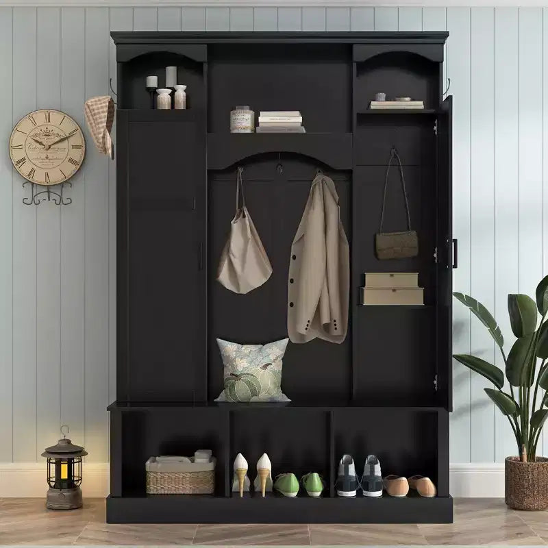 Appendiabiti Moderno Tutto in Uno con Ripiani Regolabili, Panca Contenitore Rustica con 7 Ganci e Mobiletti Laterali, Organizer da Ingresso - ModernLuxe