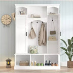 Appendiabiti Moderno Tutto in Uno con Ripiani Regolabili, Panca Contenitore Rustica con 7 Ganci e Mobiletti Laterali, Organizer da Ingresso - ModernLuxe