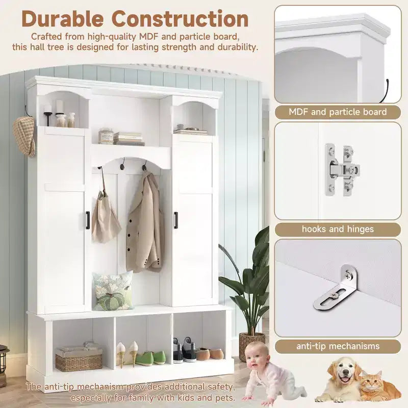 Appendiabiti Moderno Tutto in Uno con Ripiani Regolabili, Panca Contenitore Rustica con 7 Ganci e Mobiletti Laterali, Organizer da Ingresso - ModernLuxe