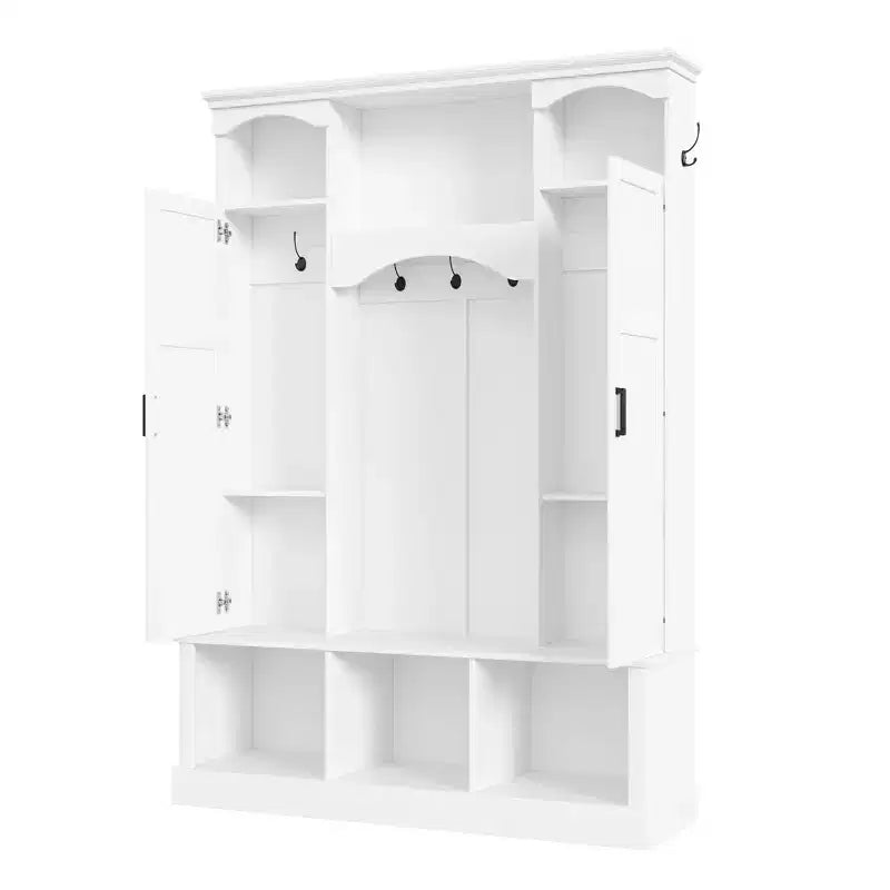 Appendiabiti Moderno Tutto in Uno con Ripiani Regolabili, Panca Contenitore Rustica con 7 Ganci e Mobiletti Laterali, Organizer da Ingresso - ModernLuxe