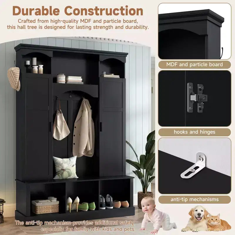 Appendiabiti Moderno Tutto in Uno con Ripiani Regolabili, Panca Contenitore Rustica con 7 Ganci e Mobiletti Laterali, Organizer da Ingresso - ModernLuxe