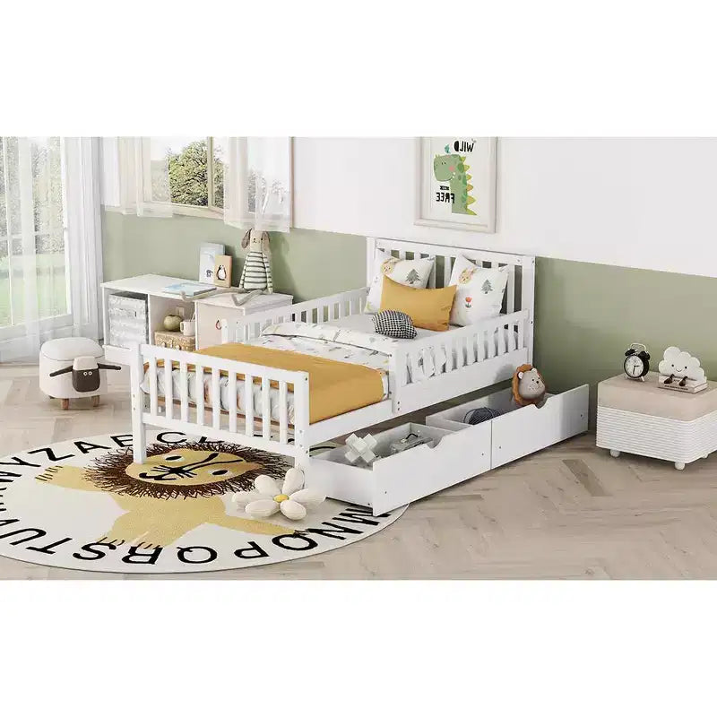 Letto a piattaforma singolo in legno con spondine e 2 cassetti portaoggetti, bianco