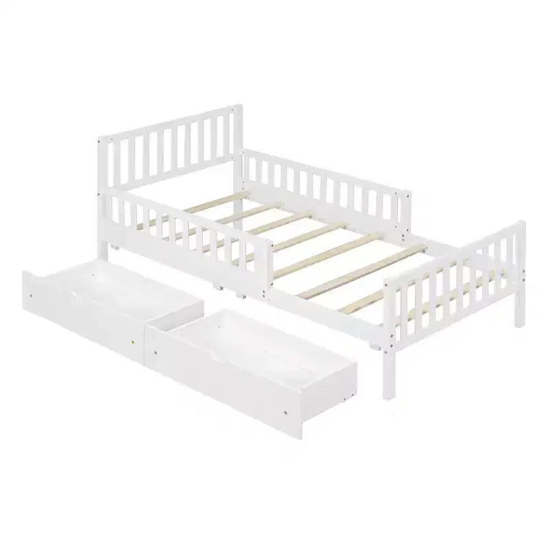 Letto a piattaforma singolo in legno con spondine e 2 cassetti portaoggetti, bianco