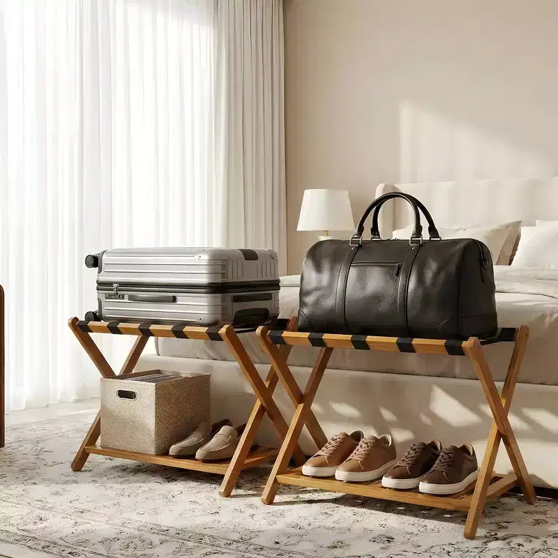 Portavaligie Pieghevole in Bambù per Camera Ospiti, Supporto Valigia con Scarpiera e Cinghie Robuste, Capacità 68 kg, Ideale per Camera da Letto/Hotel